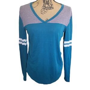 Small Victoria's Secret Pink blue gray & white v-neck long sleeve striped top